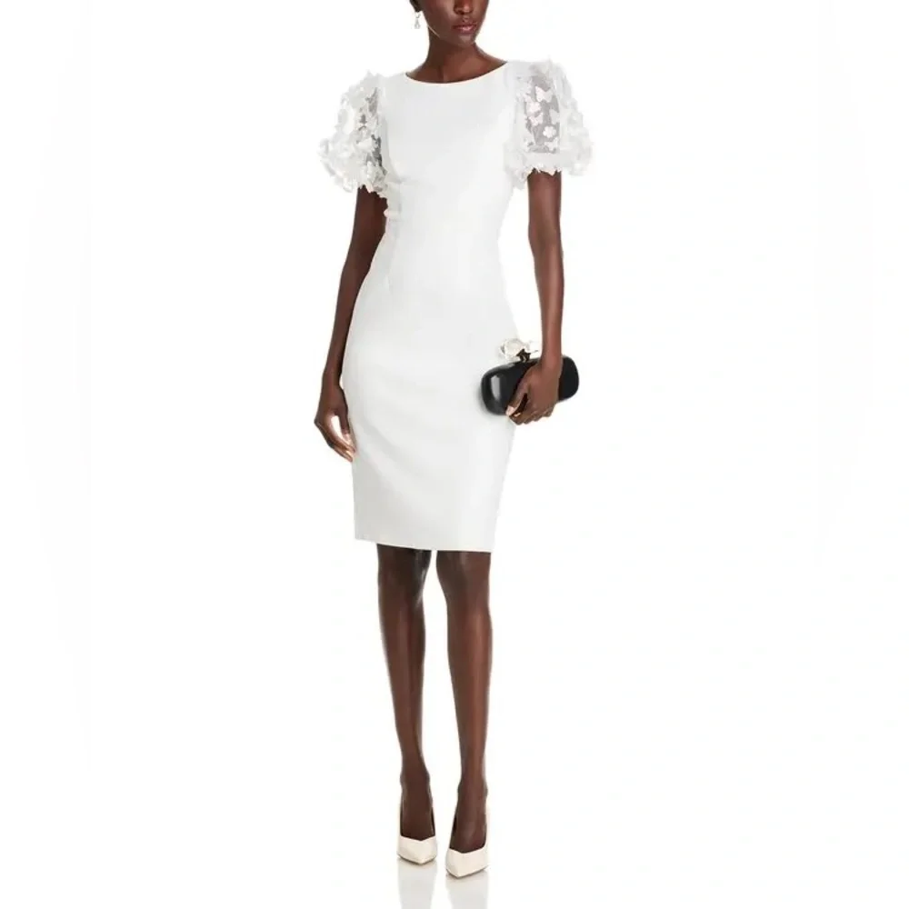 NWT ELIZA J 3d Applique Puff Sleeve Knee Length White Dress Sz 6 - Picture 1 of 13